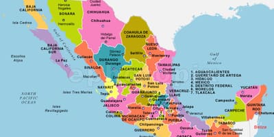மெக்ஸிக்கோ வரைபடத்தை அமெரிக்கா மற்றும் தலைநகரங்களில்